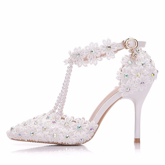 Wedding Shoes Heel Pointed High Women's Lace Bridal FashionChic