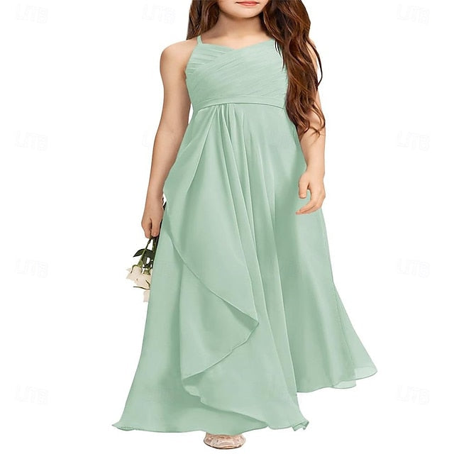 Girl Girls Bridesmaid Flowy Flower Halter A-Line Dress Junior FashionChic