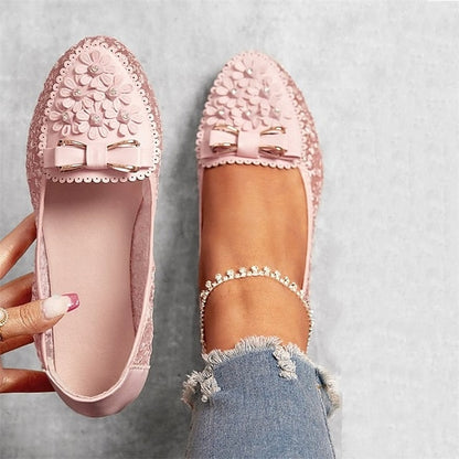 Details - Lace Flats Women's Pink and Floral with Bow FashionChic