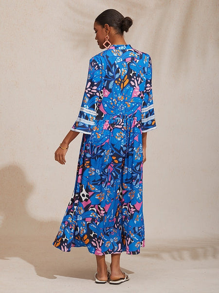 Vacation Abstract Color Dot Floral Loose fit Satin Maxi Dress FashionChic