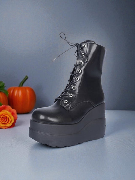 Red Ankle and Lace-Up Platform Women's Boots Black - Bold FashionChic