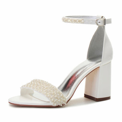 Women's Ankle Embellished White Ivory Block Pearl Strap FashionChic