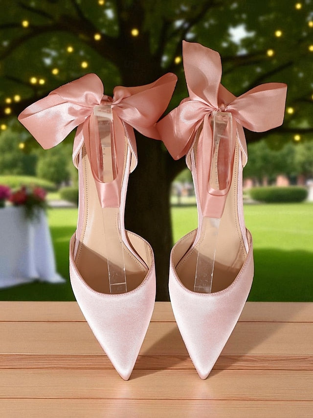 Ribbon Shoes Heel Women's with Pointed-Toe Kitten Satin FashionChic