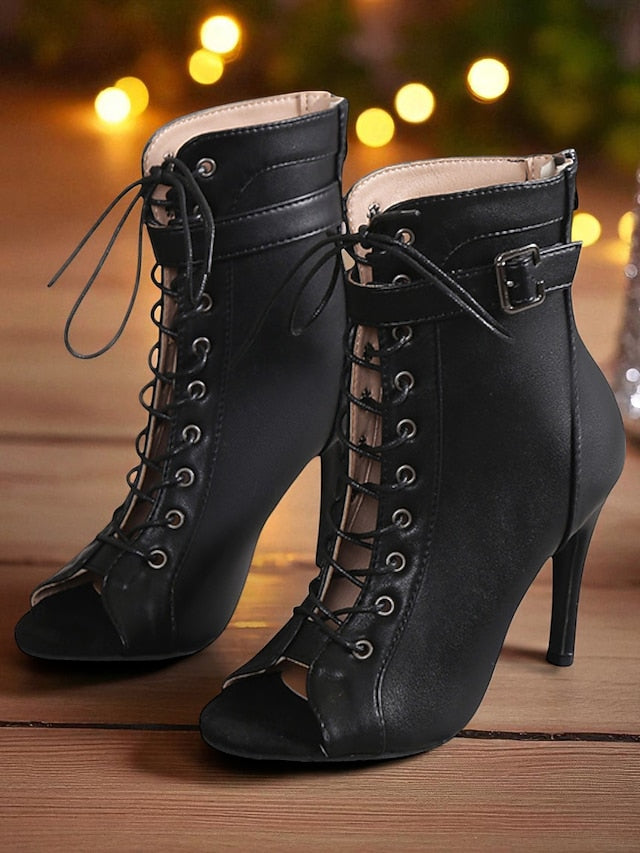 Heel Black Booties Stiletto Toe High - Women's Peep Lace-Up FashionChic