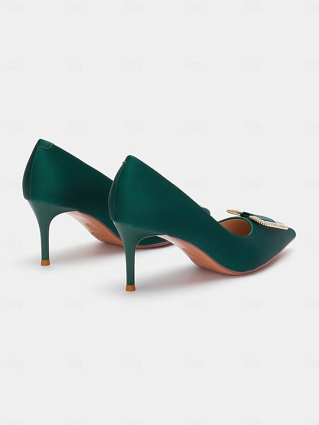 Pumps with Rhinestone Elegant Green Buckle for Satin Women: FashionChic