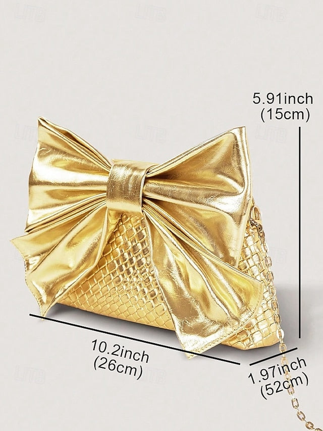 Oversized Bow with Faux Bag Women's Leather Clutch Gold FashionChic