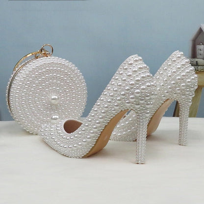 Pearl-Embellished Set Pearl White Stiletto Purse Round and Heels FashionChic