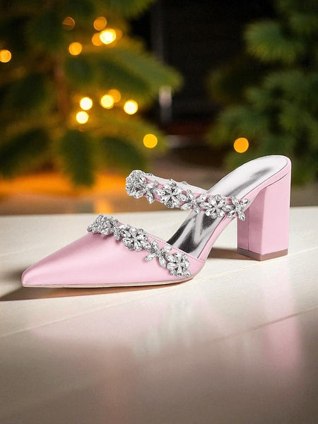 Floral Women's with Satin Block Heel Rhinestone Mules Black FashionChic