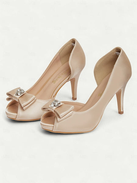 Peep Satin Heels Champagne with Toe and Women's Bow FashionChic