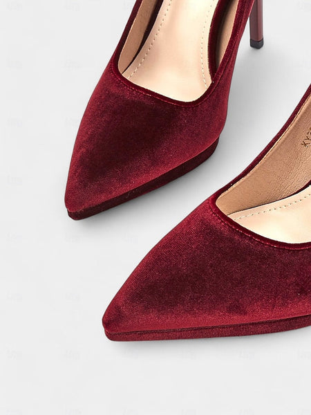 Heel Velvet Stiletto Women's and Pumps Burgundy with FashionChic