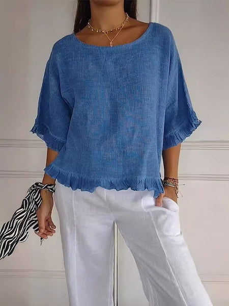 Women's Cotton Linen Blouse Solid Color Stylish Casual Half FashionChic