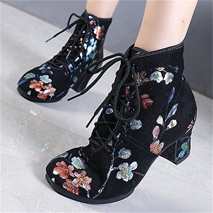 Floral Comfortable Women Lace-up – Black Low for Dance Shoes FashionChic