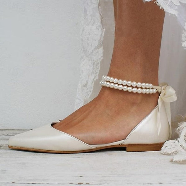 Bridal Pearl Women's Strap Elegant – White Flats Ankle FashionChic