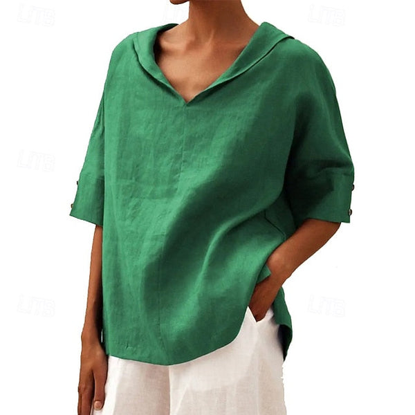 Women's Linen Blend Blouse Plain Modern Casual Short Sleeve FashionChic