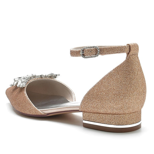 Satin Women's White – Rhinestone Floral Design Flats with FashionChic