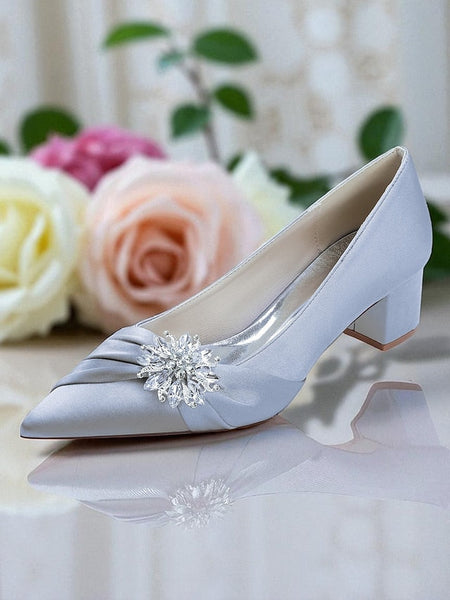 Block Heel Low Crystal Pumps Women's with White FashionChic