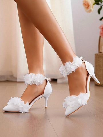 Women's Floral Heels Strap Ankle - Elegant White Pointed FashionChic
