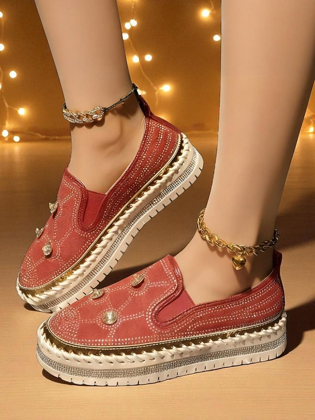 with Slip-On Rhinestone Red Women's Platform Sneakers Studs FashionChic