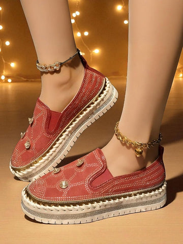 with Slip-On Rhinestone Red Women's Platform Sneakers Studs FashionChic