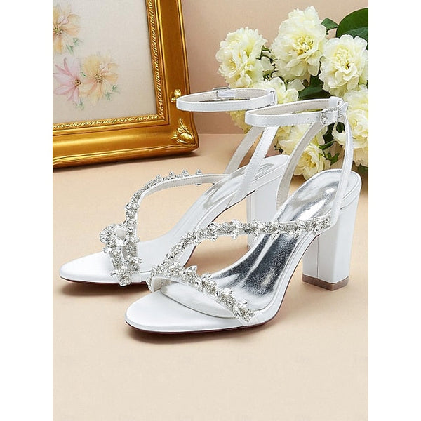 White Women's with Straps Sandals Rhinestone - Block Heel FashionChic
