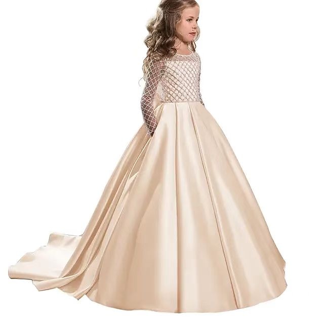 Solid Flower Long Party Girl Color Girls' Kids Dress FashionChic