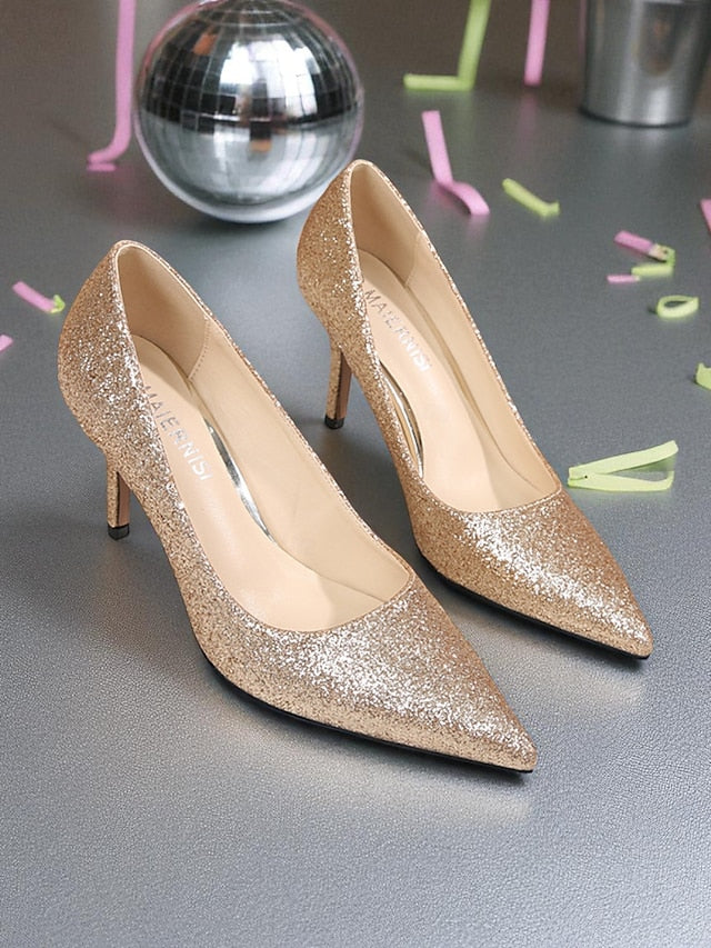 Sparkly Pumps Stiletto Pointed-Toe - Women's Glitter Gold FashionChic