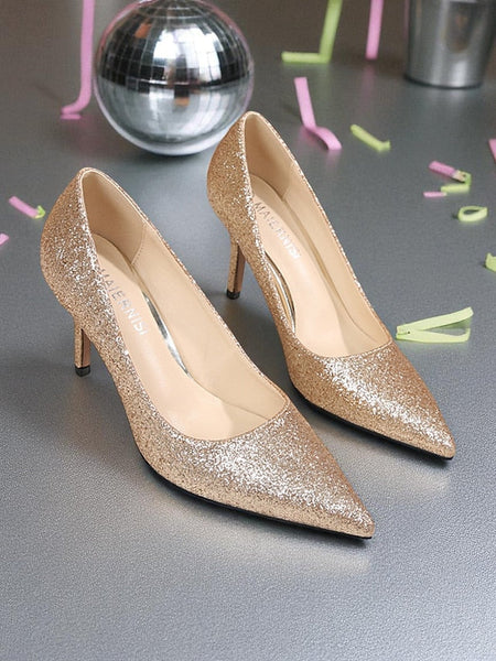 Sparkly Pumps Stiletto Pointed-Toe - Women's Glitter Gold FashionChic