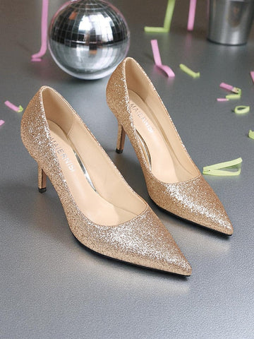 Sparkly Pumps Stiletto Pointed-Toe - Women's Glitter Gold FashionChic