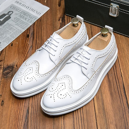 Shoes White Lace-Up Stylish Derby Brogue Leather - Men's FashionChic