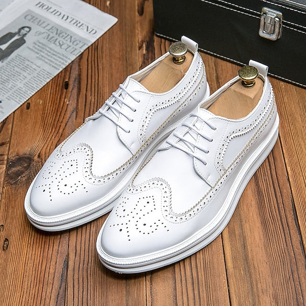 Shoes White Lace-Up Stylish Derby Brogue Leather - Men's FashionChic