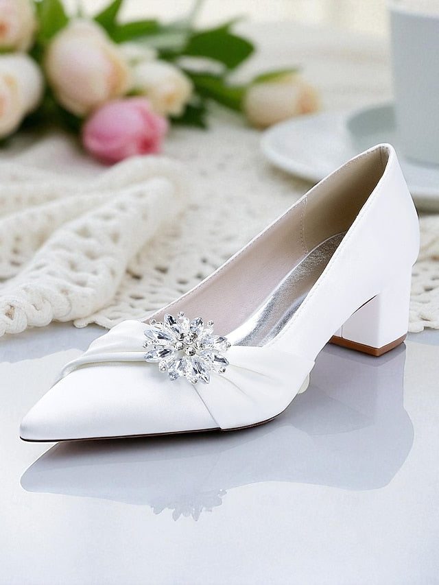 White Women's Pumps with Low Heel Block Crystal FashionChic