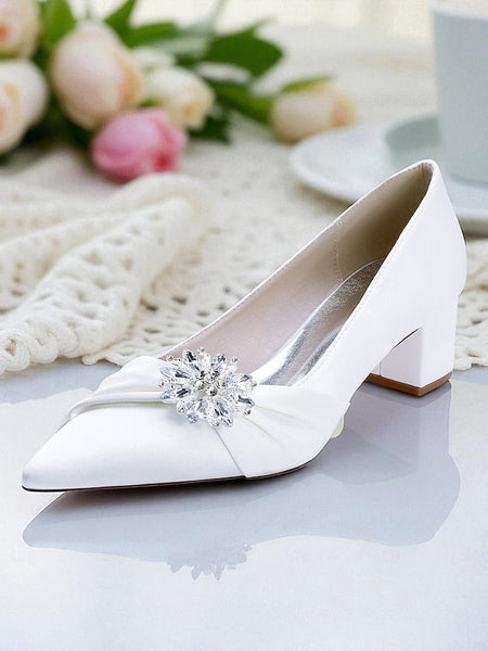 Block Heel Low Crystal Pumps Women's with White FashionChic