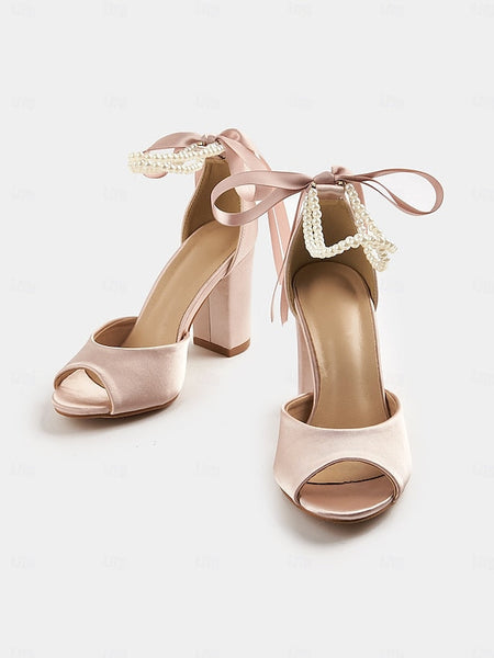 Peep-Toe Sandals Heel Pearl Satin Block Ankle Women's with FashionChic