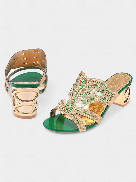 Embellished Green - Gold Rhinestone Sandals and Heeled FashionChic