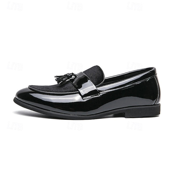 – Men's Black Faux Tassel Loafers Leather Patent Velvet FashionChic