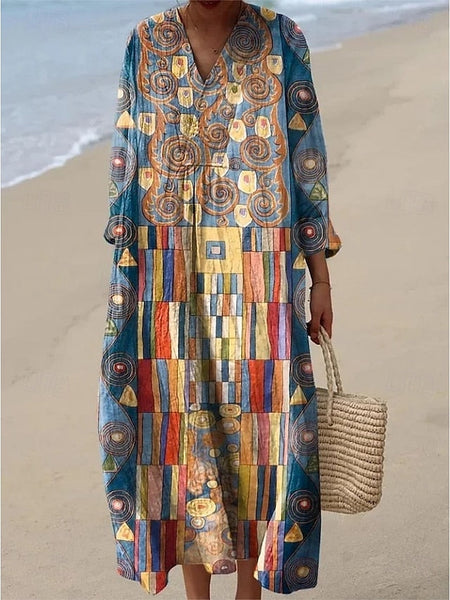 Women's Midi Dress V Neck Long Sleeve Kaftan Lightweight FashionChic