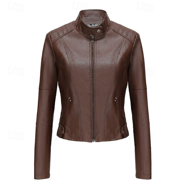 Comfortable Zipper Jacket Leather Faux Pocket Women's FashionChic