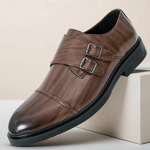 Brown Strap Dress Men's Monk Shoes – Faux Leather Double FashionChic