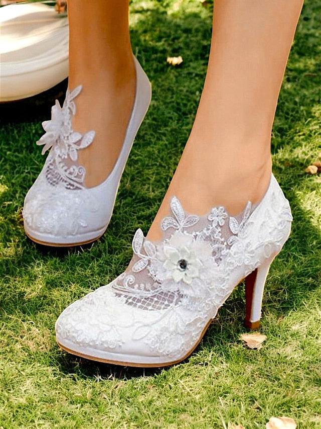 High Shoes Floral Embellishments with Lace Heel – White Bridal FashionChic