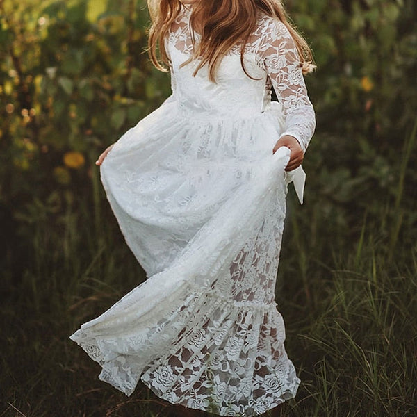 Girl Flower Colored Dress Girls' Long Kids Solid FashionChic