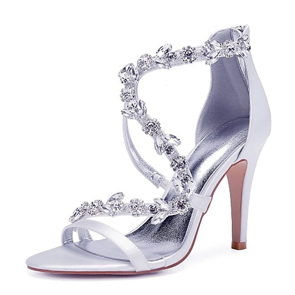 Pink Rhinestone Women's Heel Satin Floral High Sandals with FashionChic