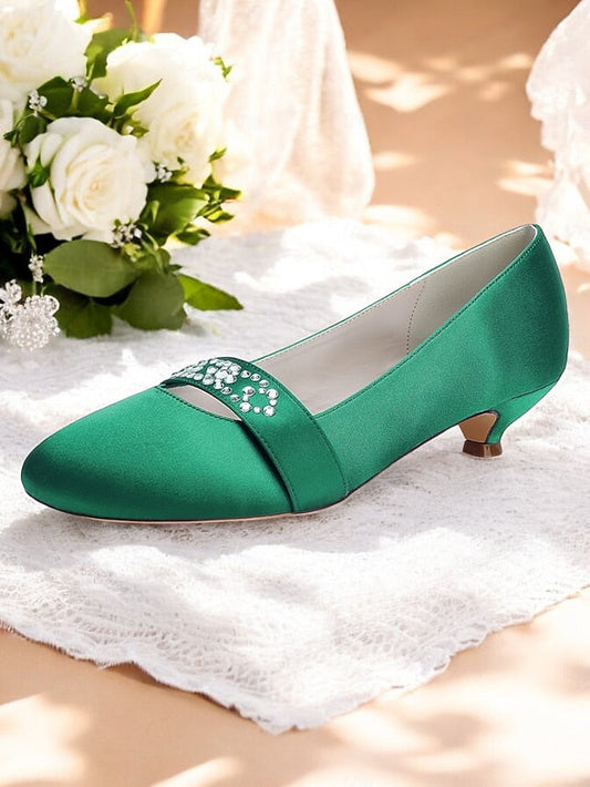 Blue Satin Heels Kitten Rhinestone with Women's FashionChic