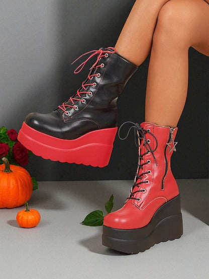 Red Ankle and Lace-Up Platform Women's Boots Black - Bold FashionChic