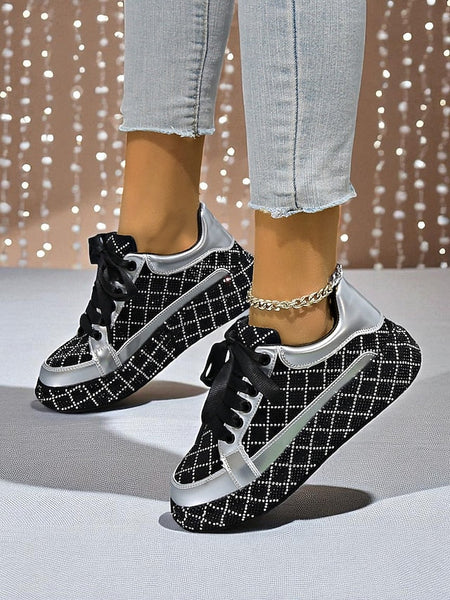 Silver Quilted Women's - Rhinestone Sneakers and Black FashionChic