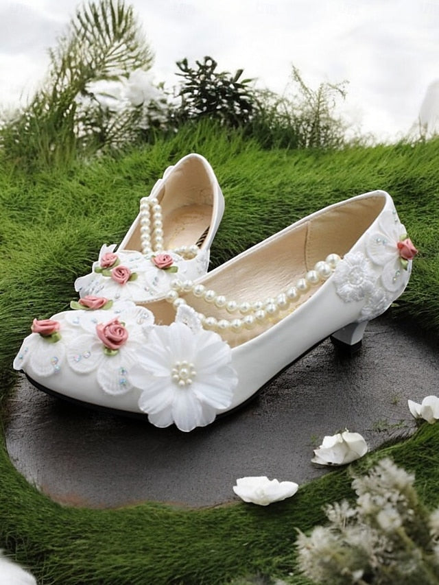 White Embellished Heel Floral for Pearl Bridal Strap Shoes Low FashionChic