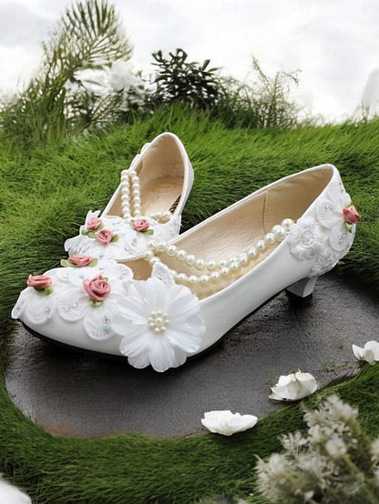 White Embellished Heel Floral for Pearl Bridal Strap Shoes Low FashionChic