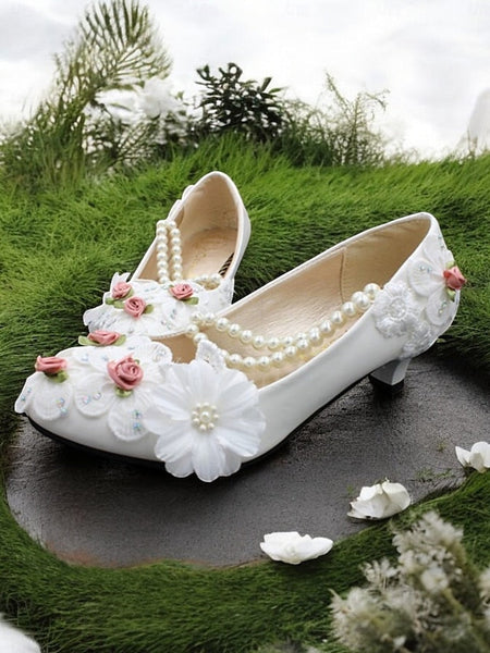 White Embellished Heel Floral for Pearl Bridal Strap Shoes Low FashionChic