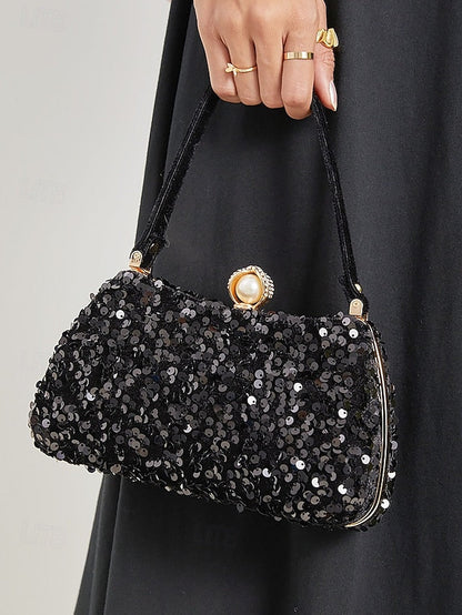 – Women's Evening Pearl Accent Sequin Black Clutch with FashionChic