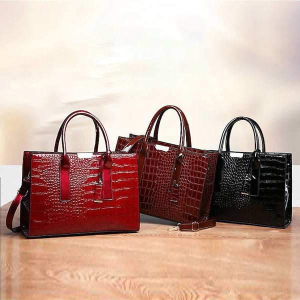 Women's Black Patent Crocodile Leather Pattern Handbag with FashionChic