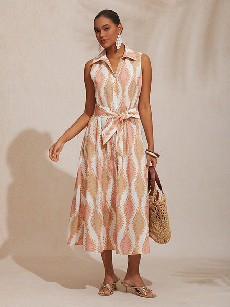 A Line Maxi Dress Shirt Collar Belted Pocket Vacation